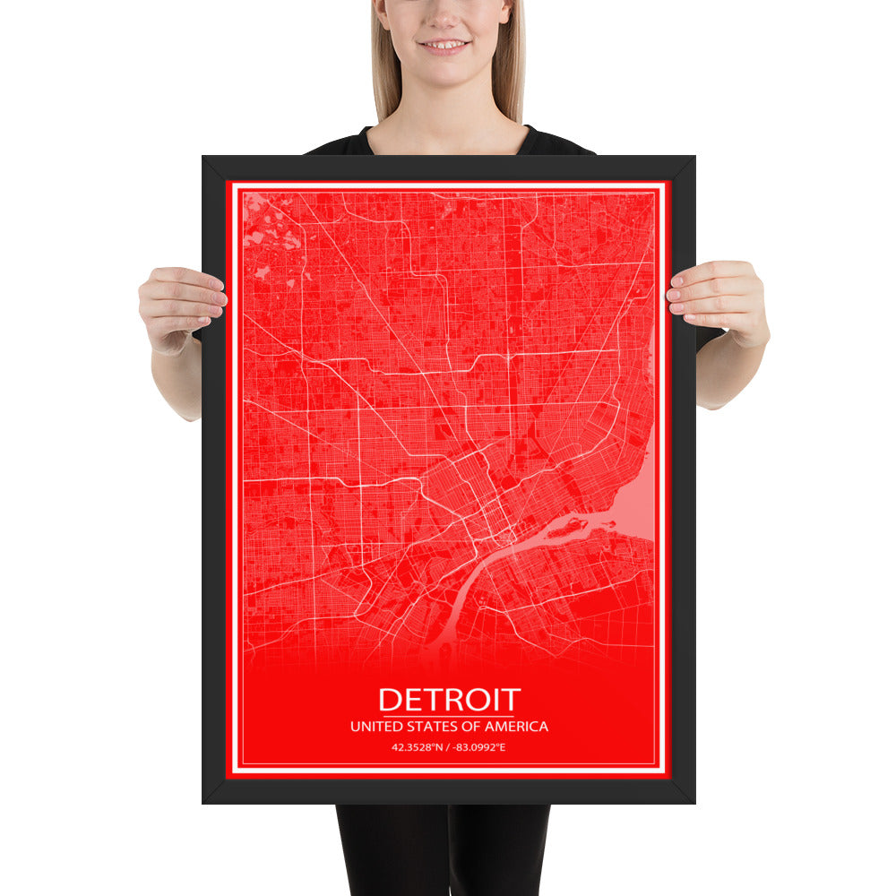 Detroit Red and White Framed Map