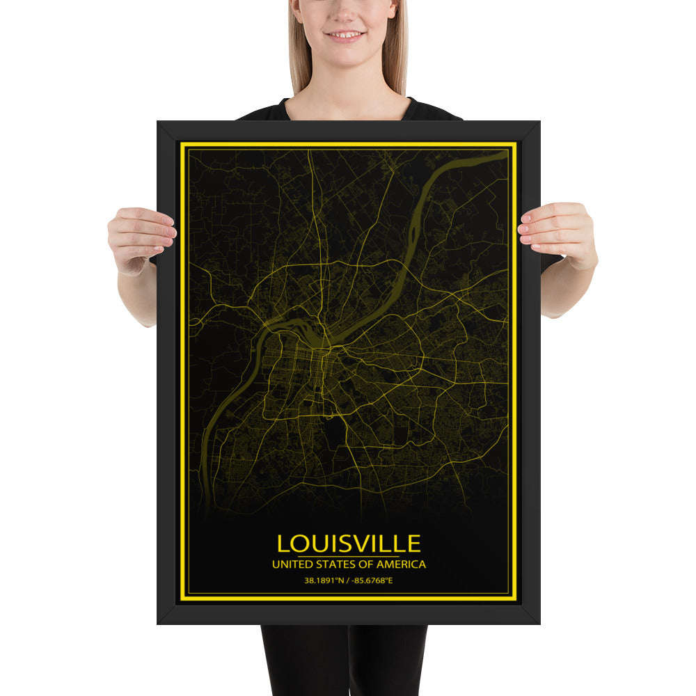 Louisville Black and Yellow Framed Map