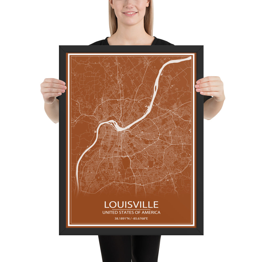 Louisville Brown and White Framed Map