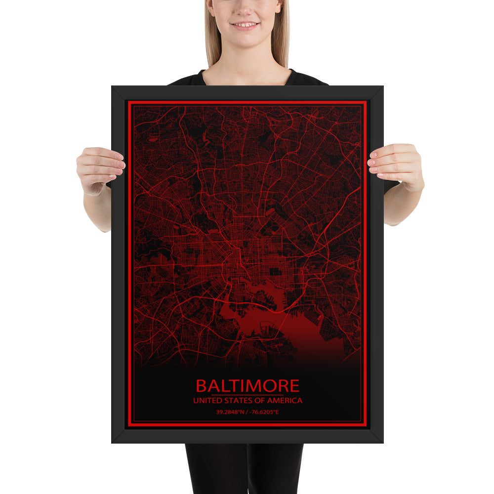 Baltimore Black and Red Framed Map