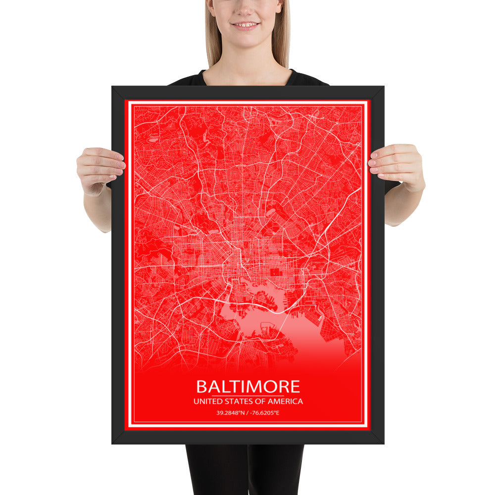 Baltimore Red and White Framed Map