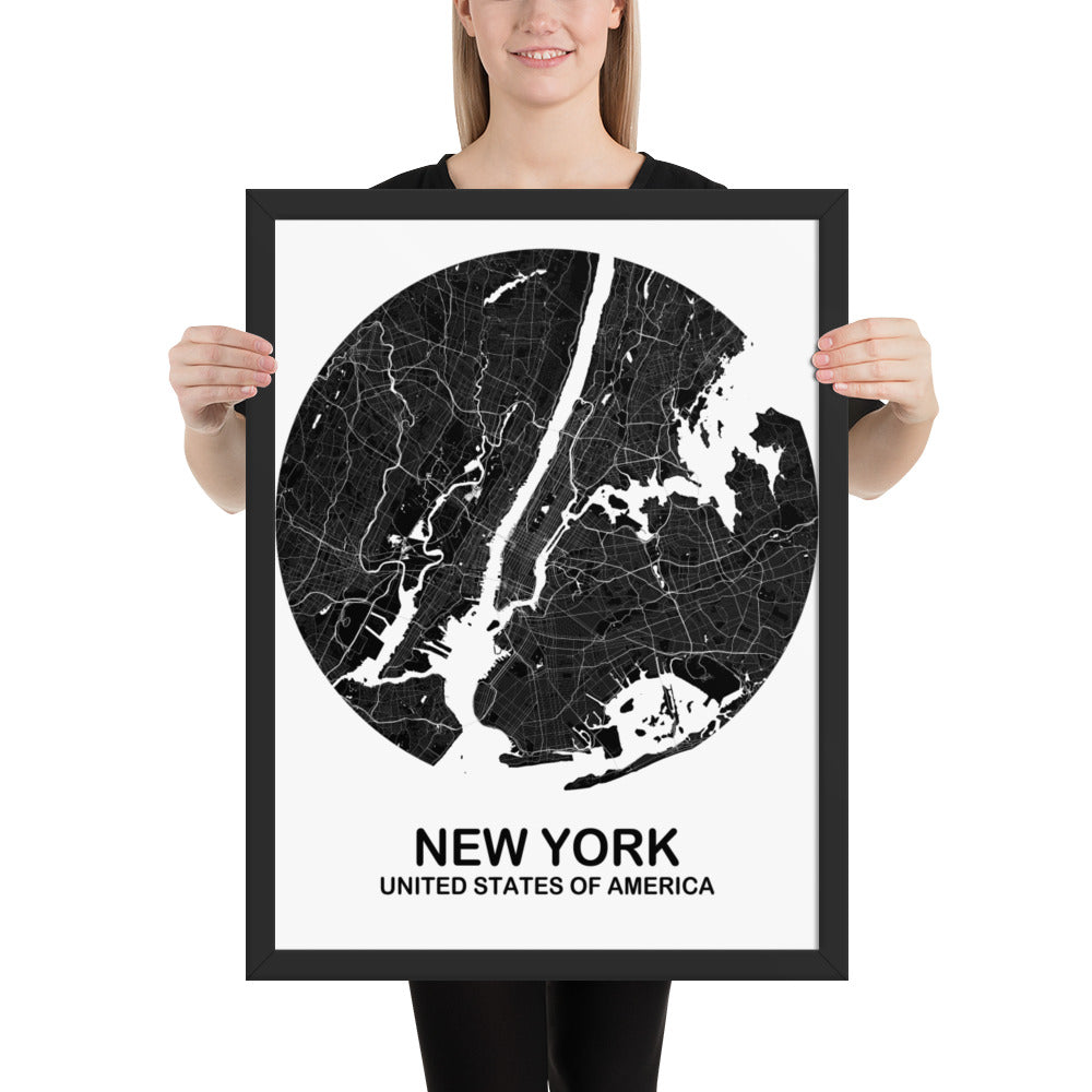 New York Circular Black Framed Map