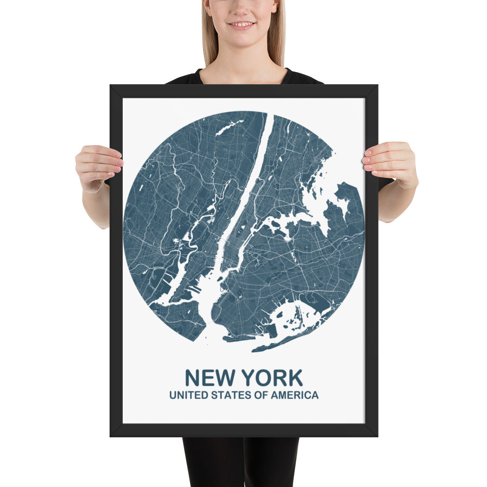 New York Circular Blue Framed Map