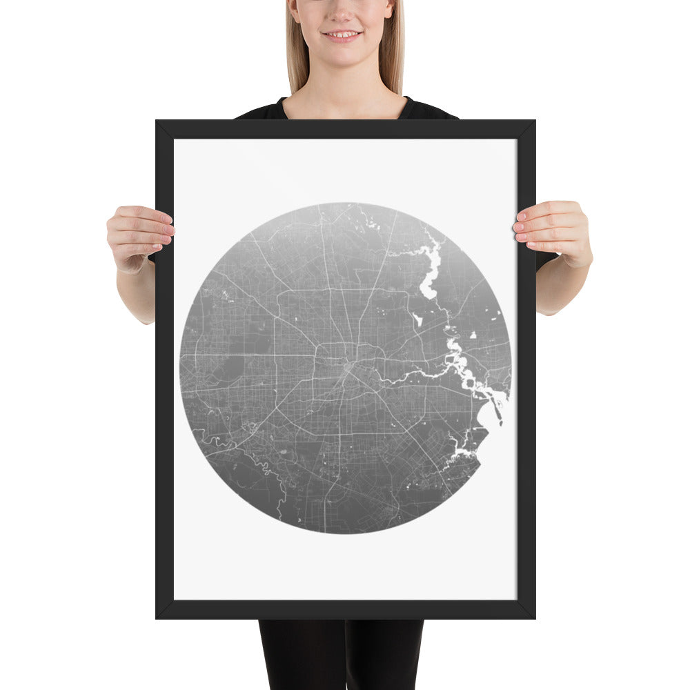 Houston Silver on White Framed Map