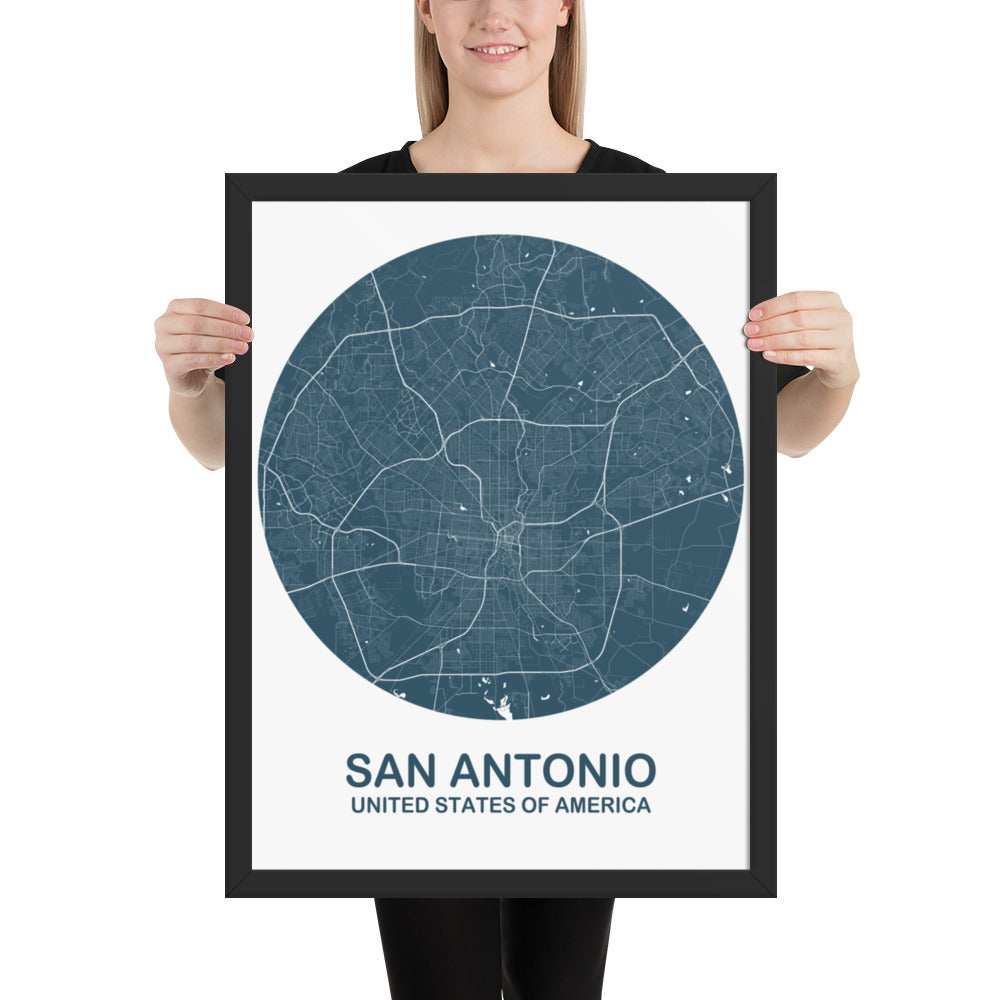 San Antonio Circular Blue Framed Map