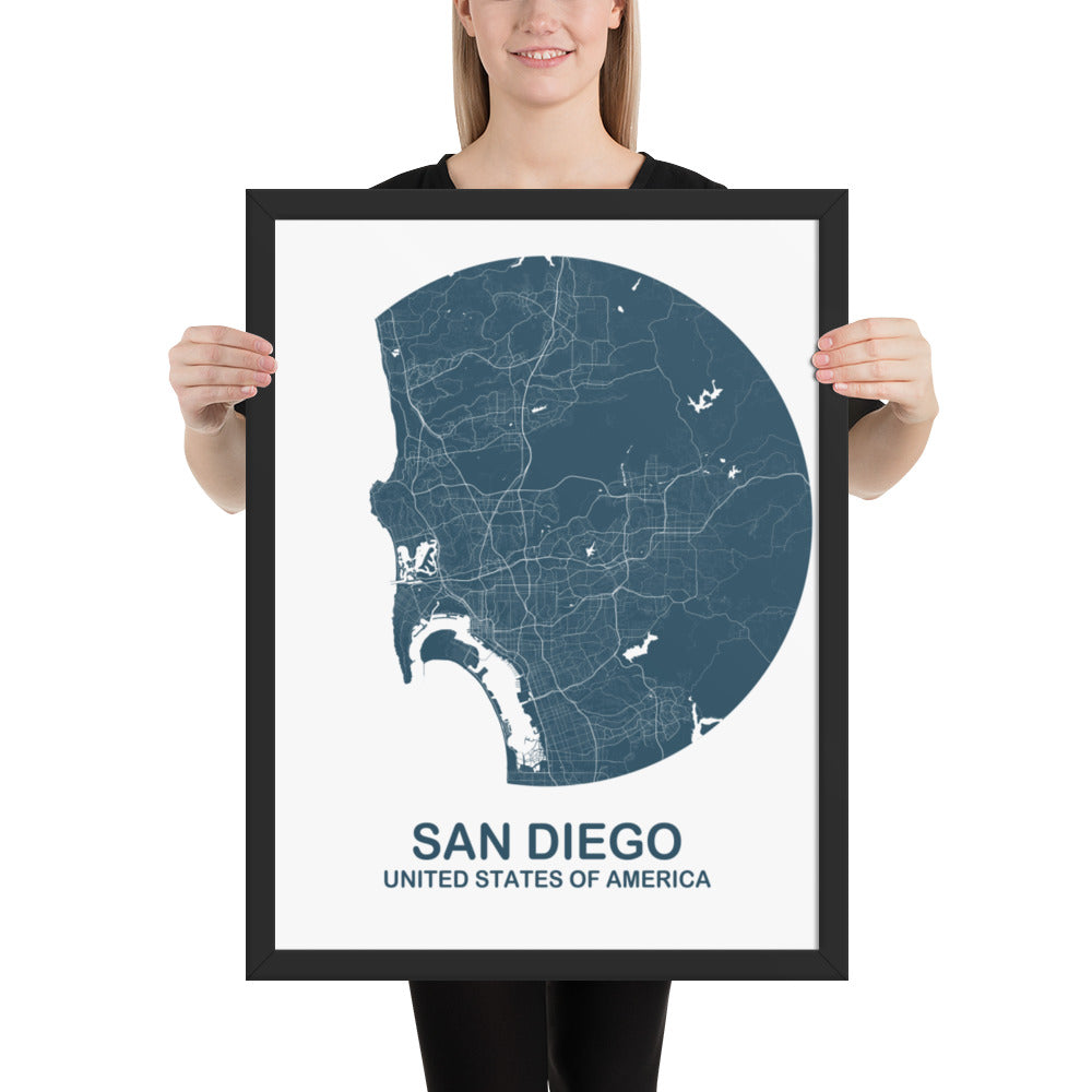 San Diego Circular Blue Framed Map