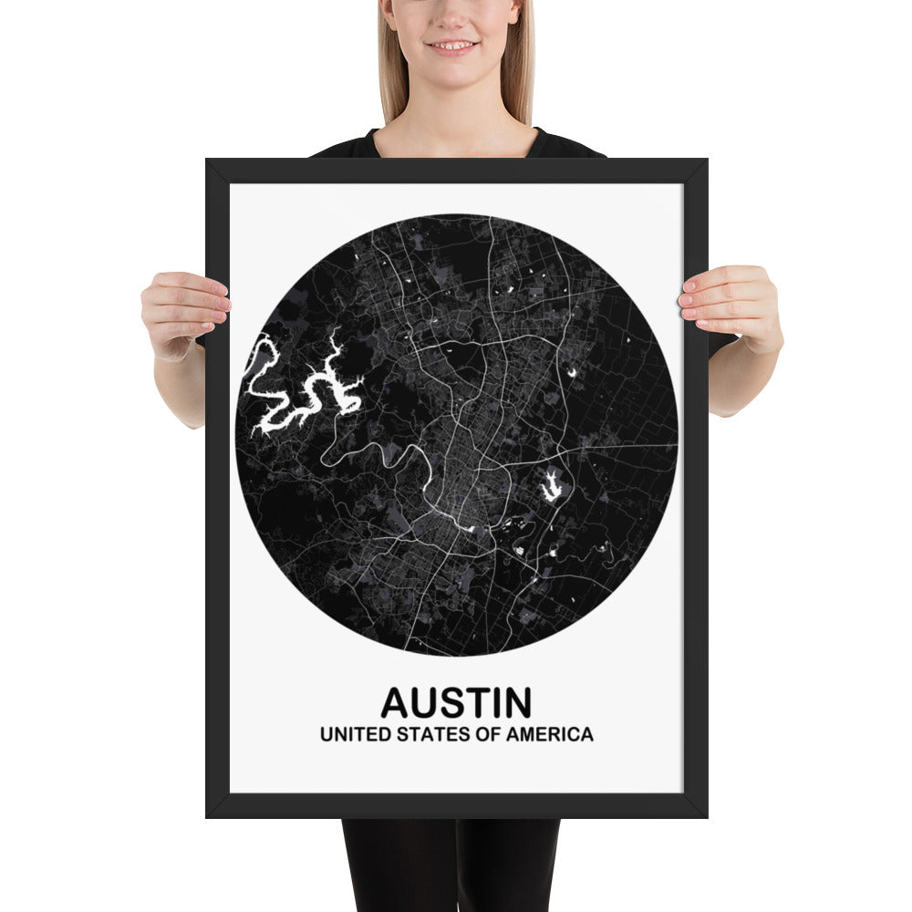 Austin Circular Black Framed Map