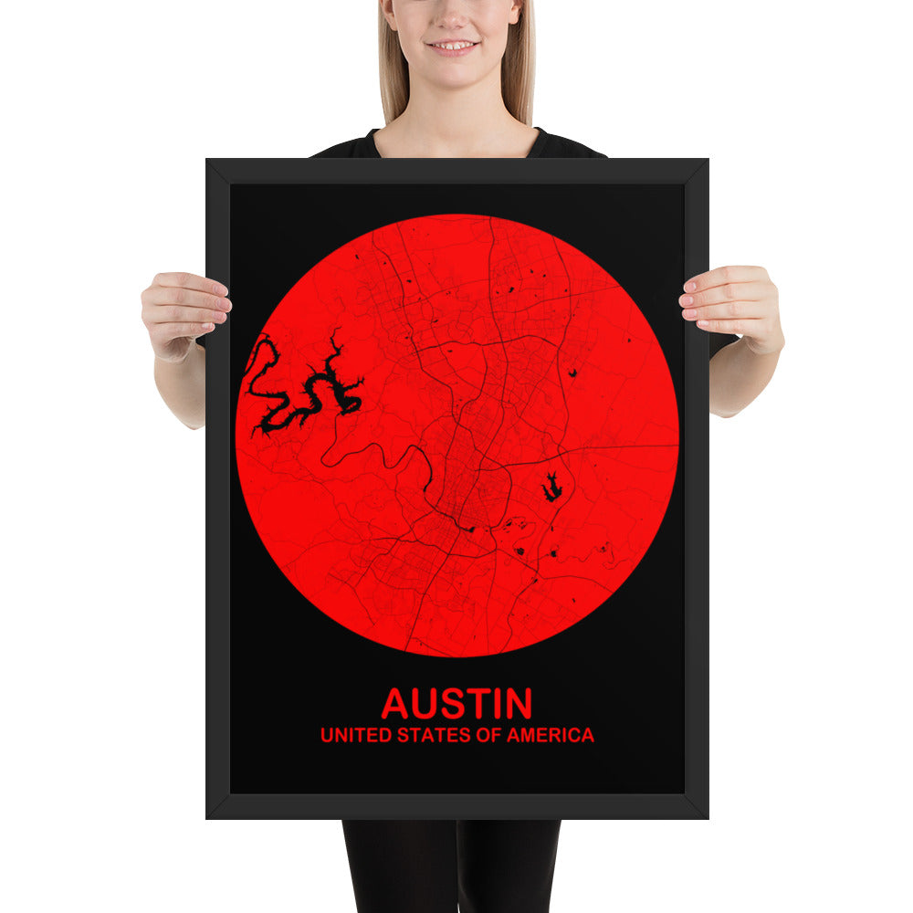 Austin Circular Red Framed Map