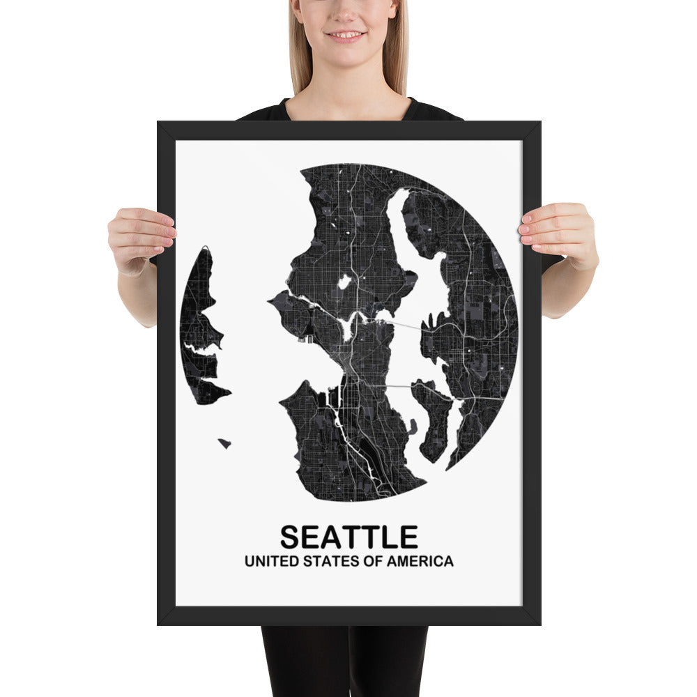 Seattle Circular Black Framed Map