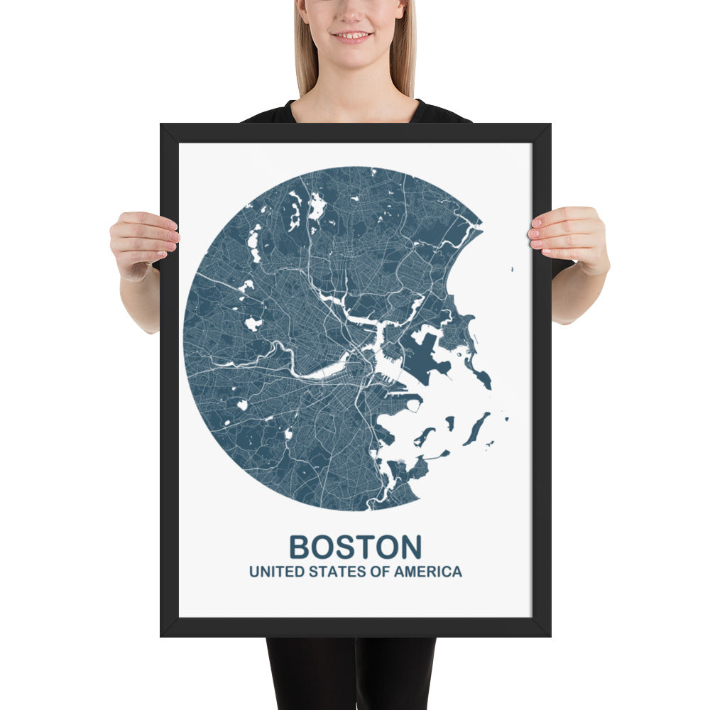 Boston Circular Blue Framed Map