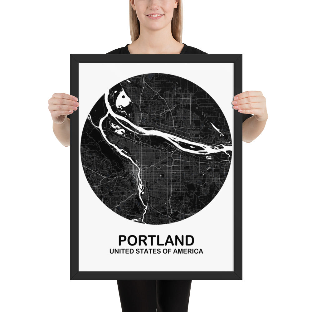 Portland Circular Black Framed Map