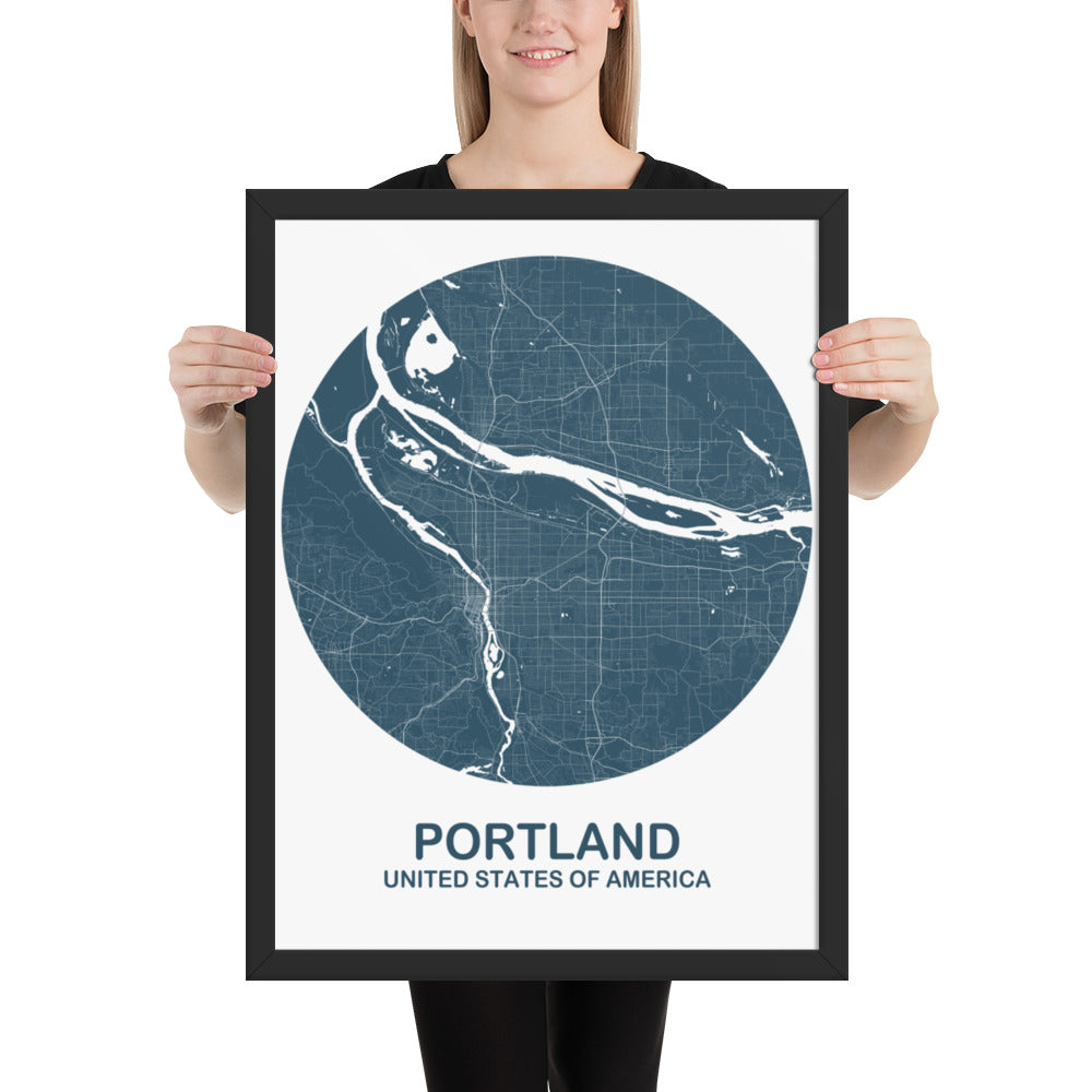 Portland Circular Blue Framed Map