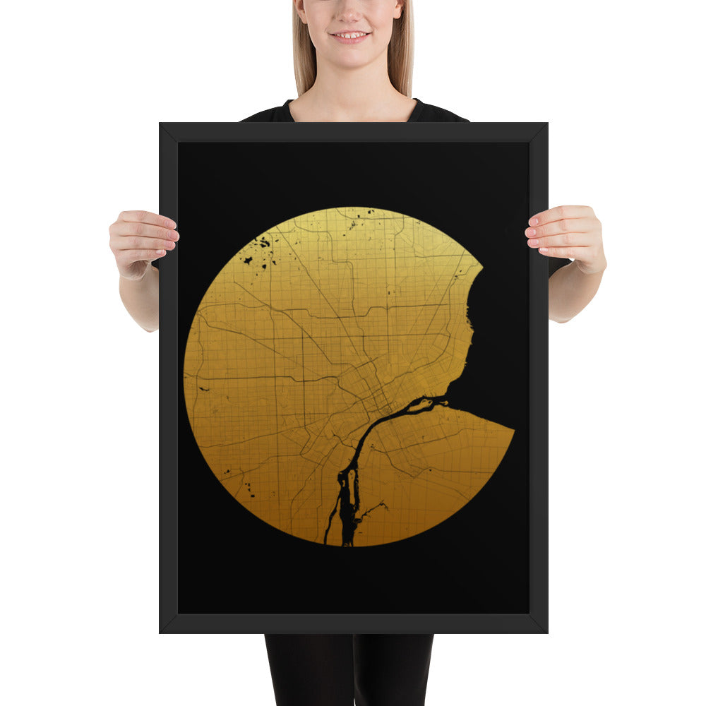 Detroit Gold on Black Framed Map