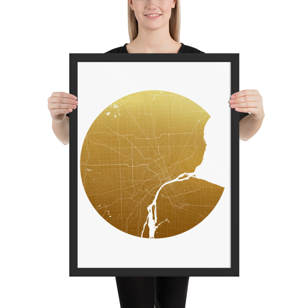 Detroit Gold on White Framed Map