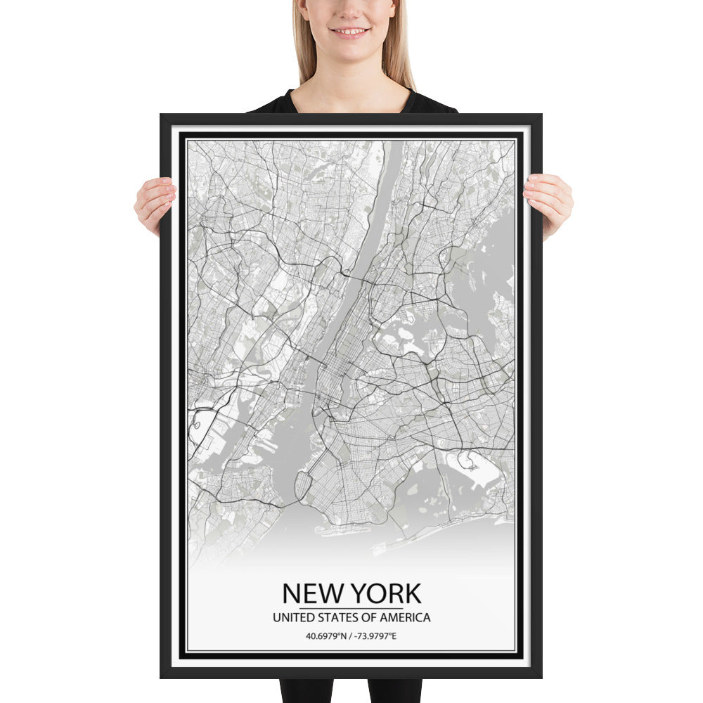 New York White Framed Map