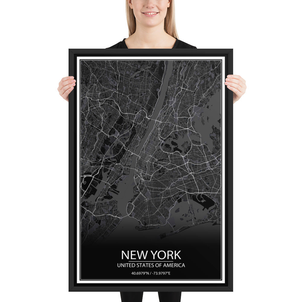 New York Black Framed Map