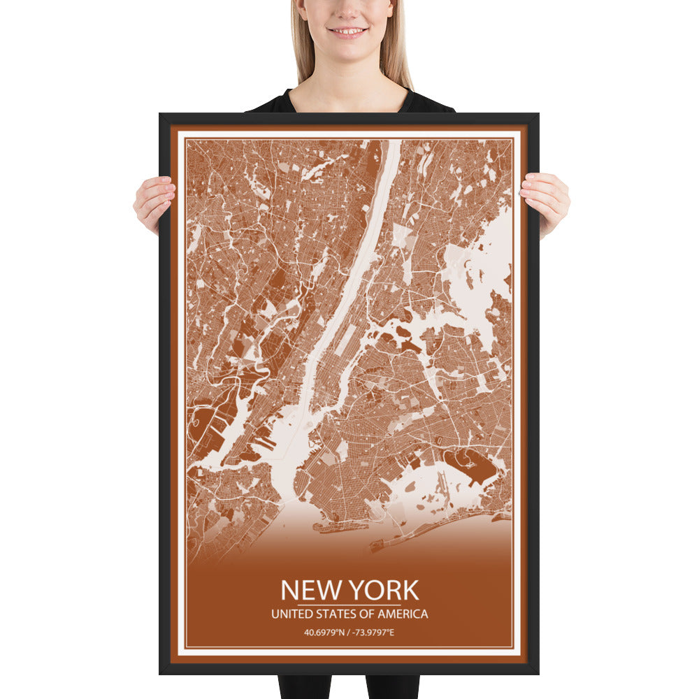 New York Brown and White Framed Map