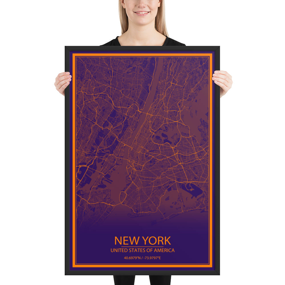 New York Purple and Orange Framed Map