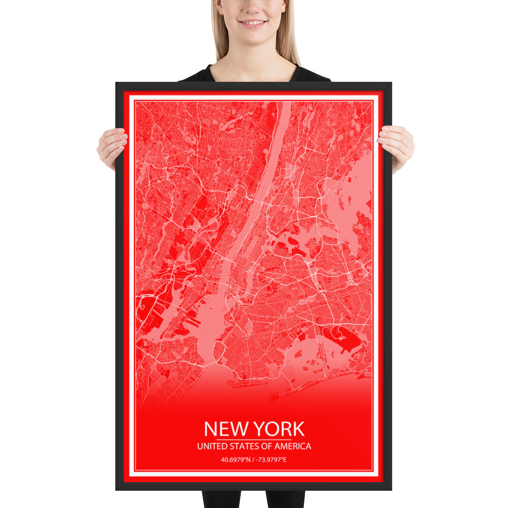 New York Red and White Framed Map