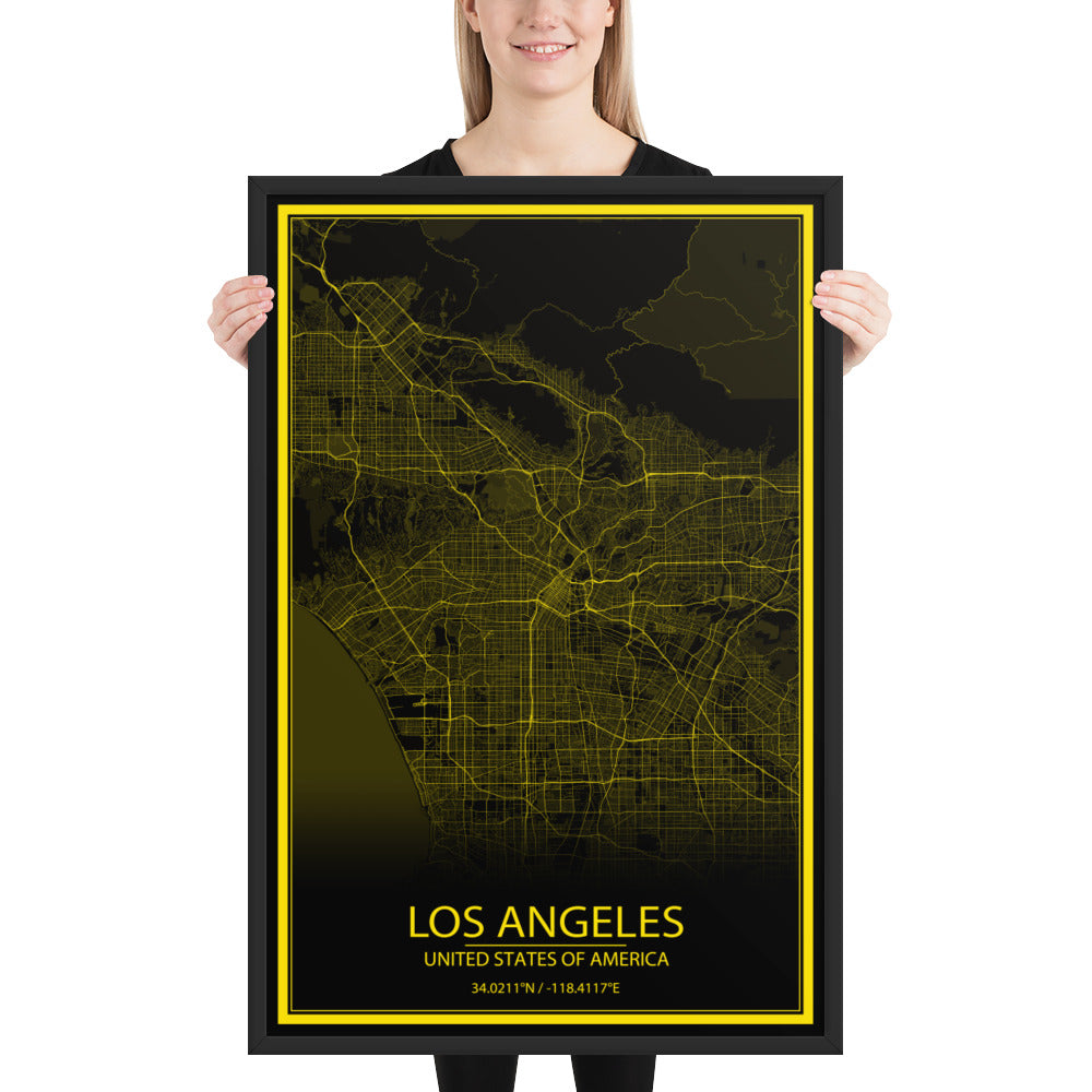 Los Angeles Black and Yellow Framed Map