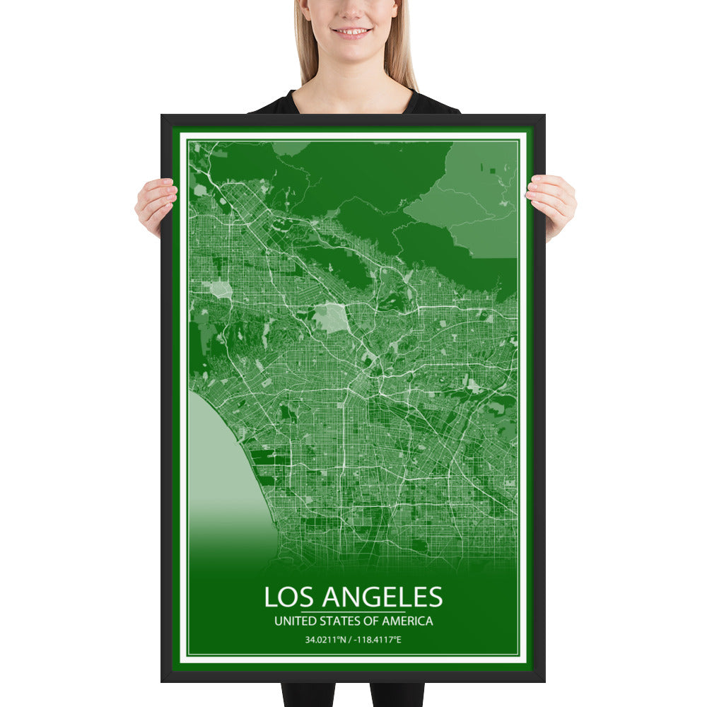 Los Angeles Green and White Framed Map