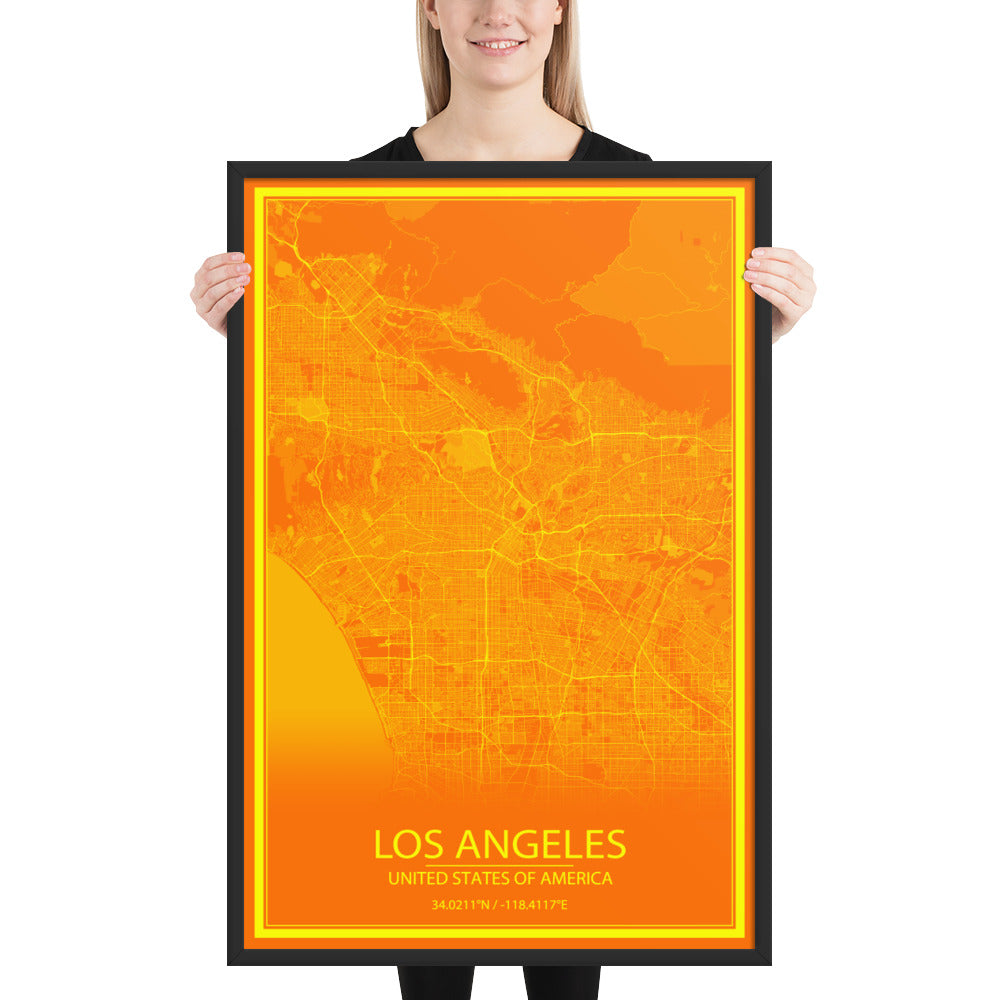 Los Angeles Orange and Yellow Framed Map