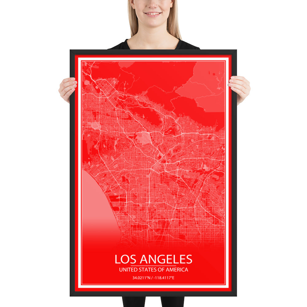 Los Angeles Red and White Framed Map