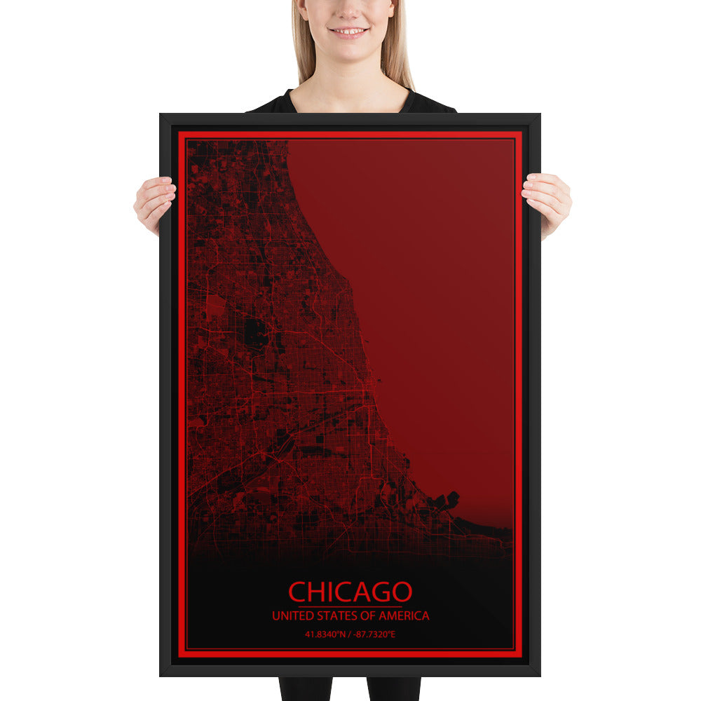 Chicago Black and Red Framed Map