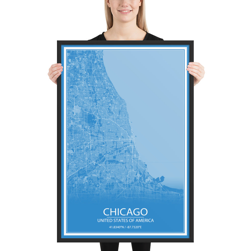 Chicago Blue and White Framed Map