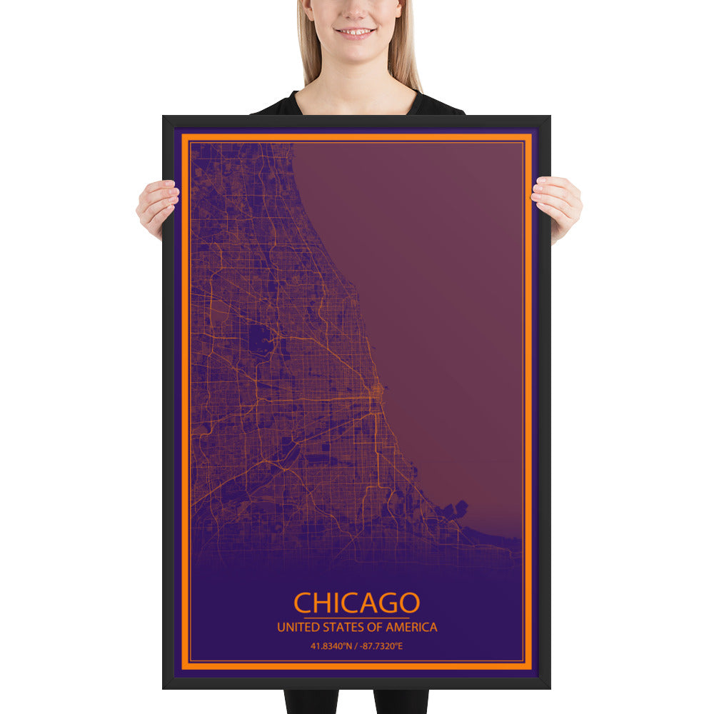 Chicago Purple and Orange Framed Map