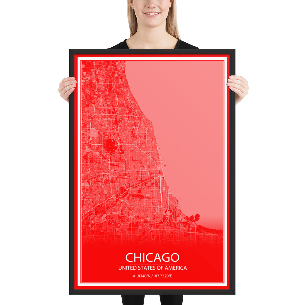 Chicago Red and White Framed Map