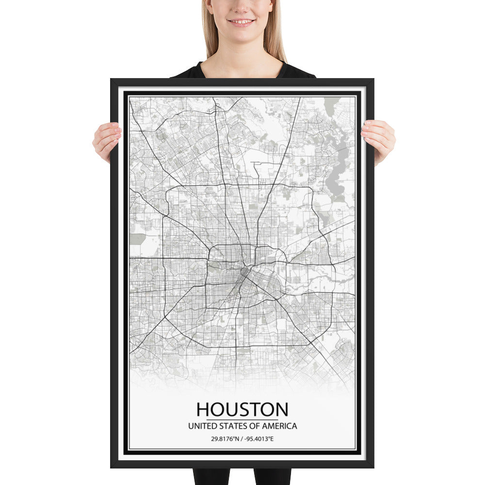 Houston White Framed Map