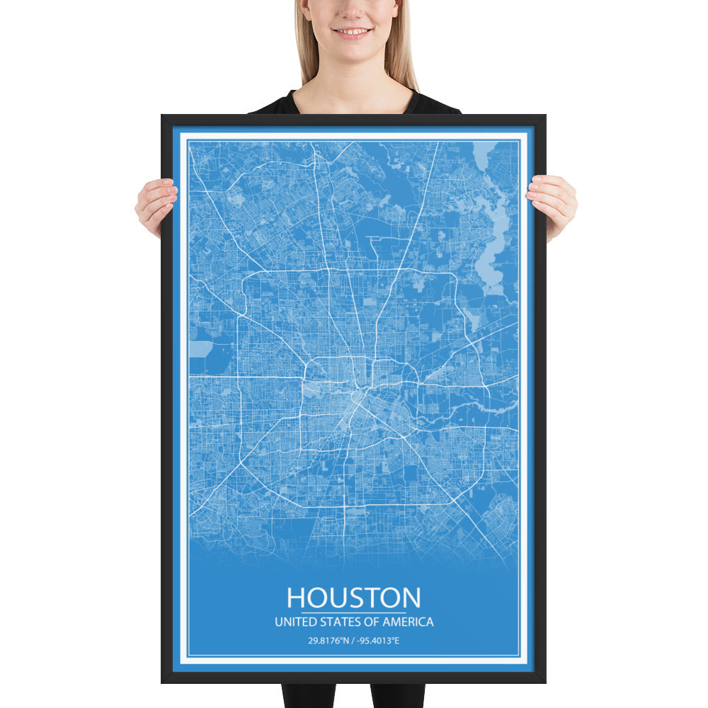 Houston Blue and White Framed Map