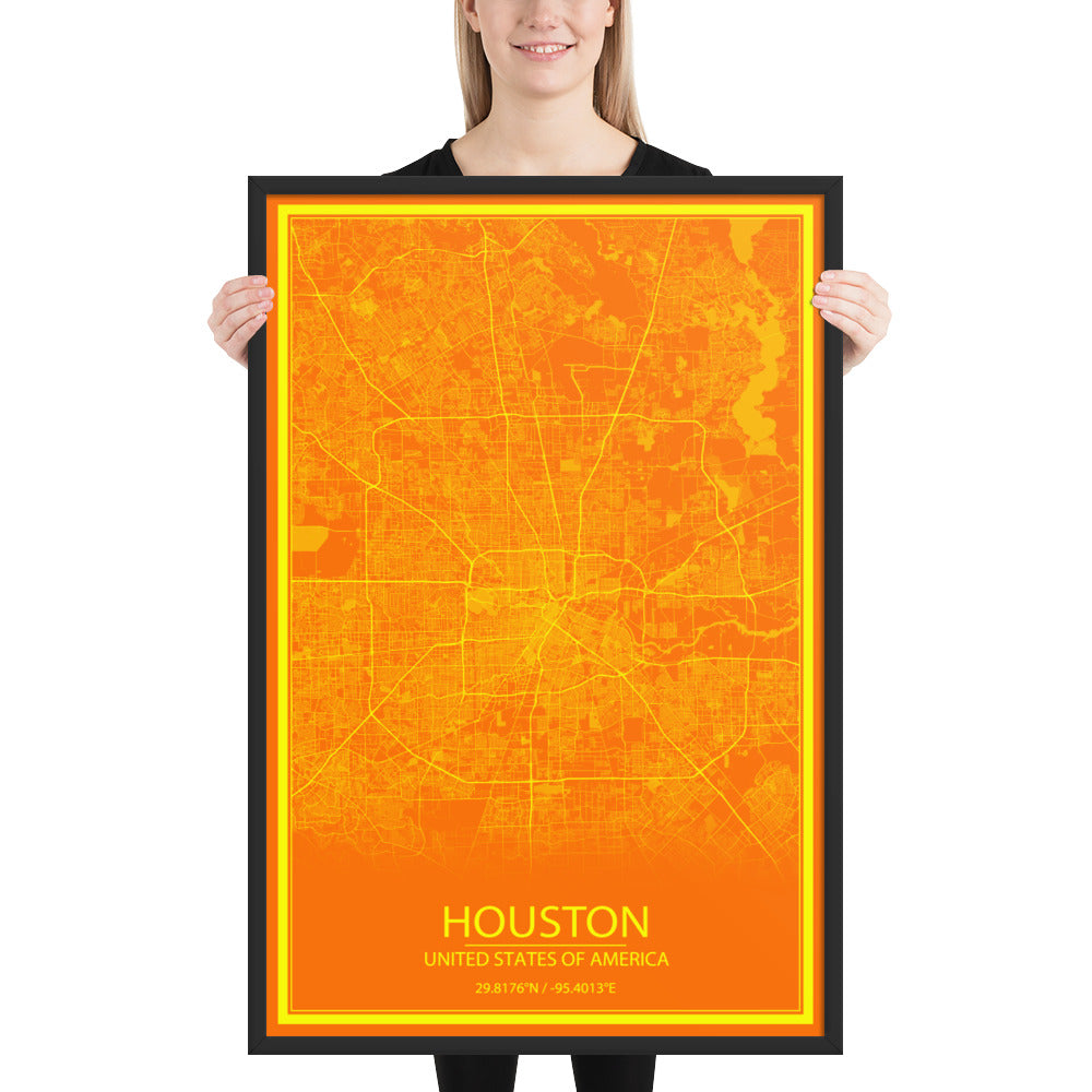 Houston Orange and Yellow Framed Map