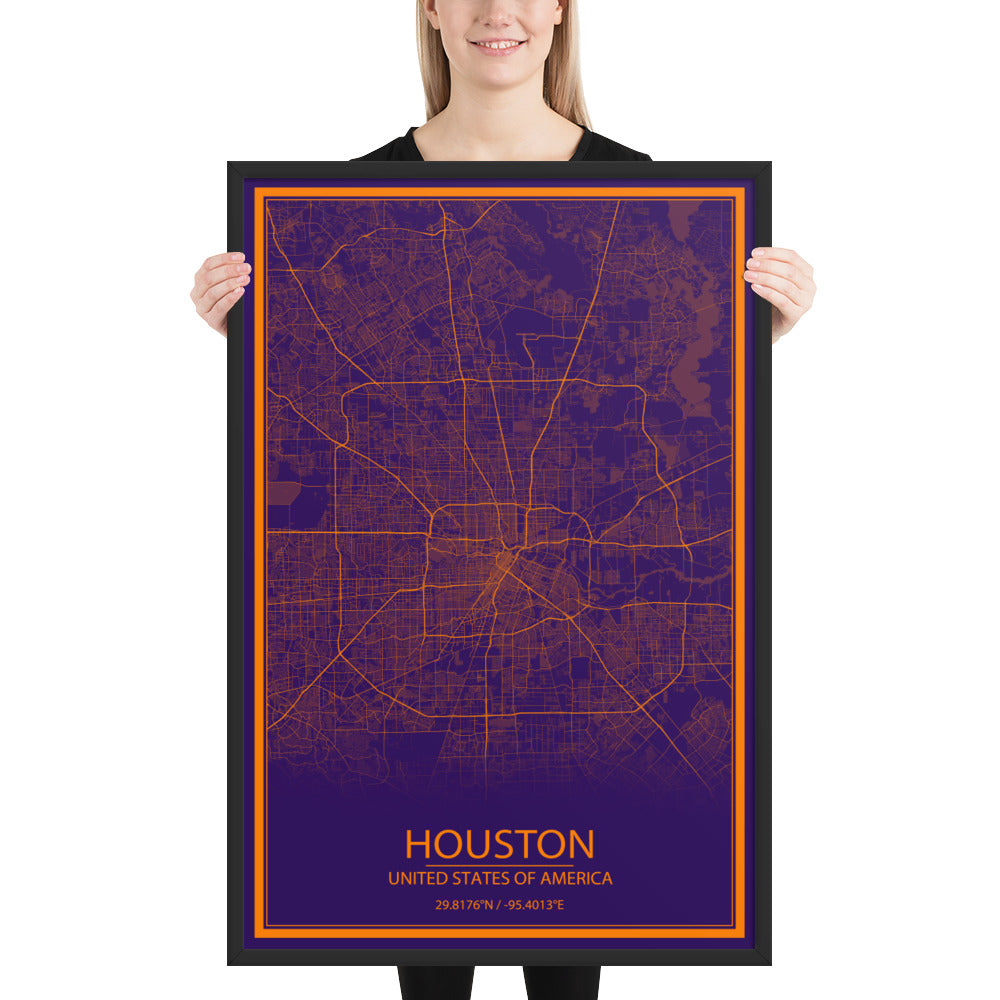 Houston Purple and Orange Framed Map