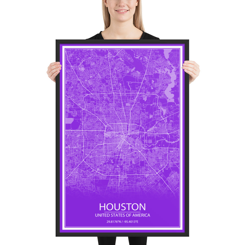 Houston Purple and White Framed Map