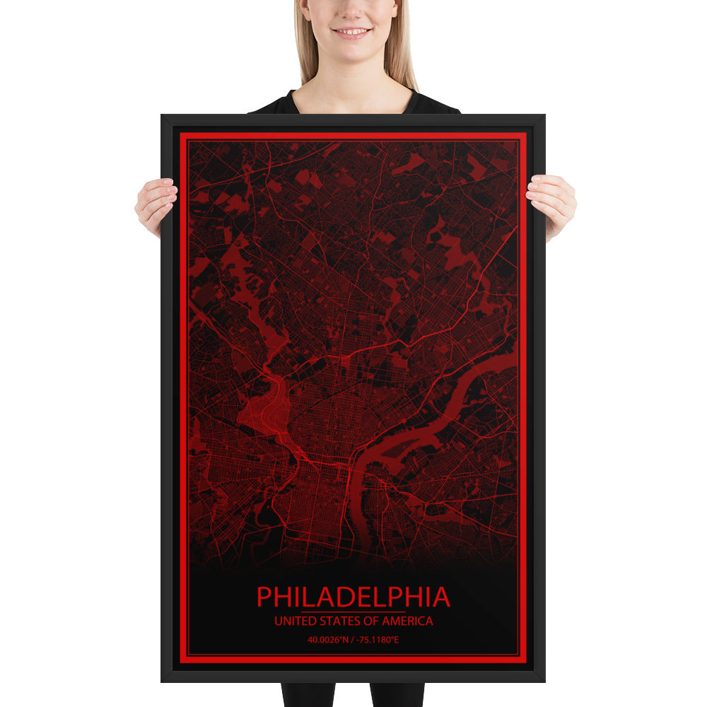 Philadelphia Black and Red Framed Map