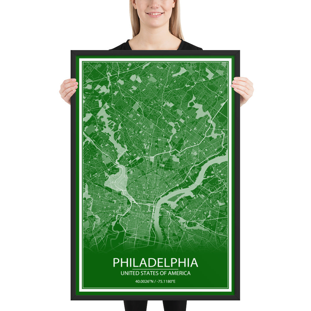 Philadelphia Green and White Framed Map