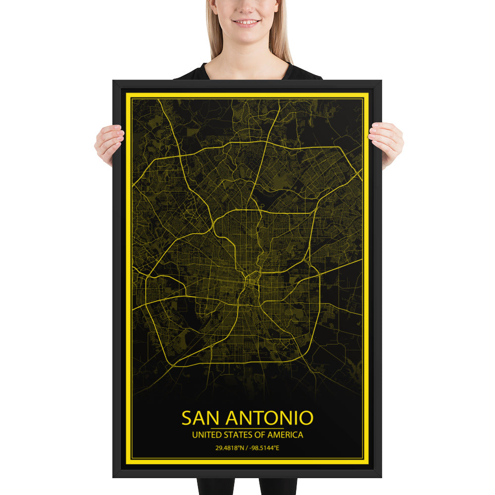 San Antonio Black and Yellow Framed Map