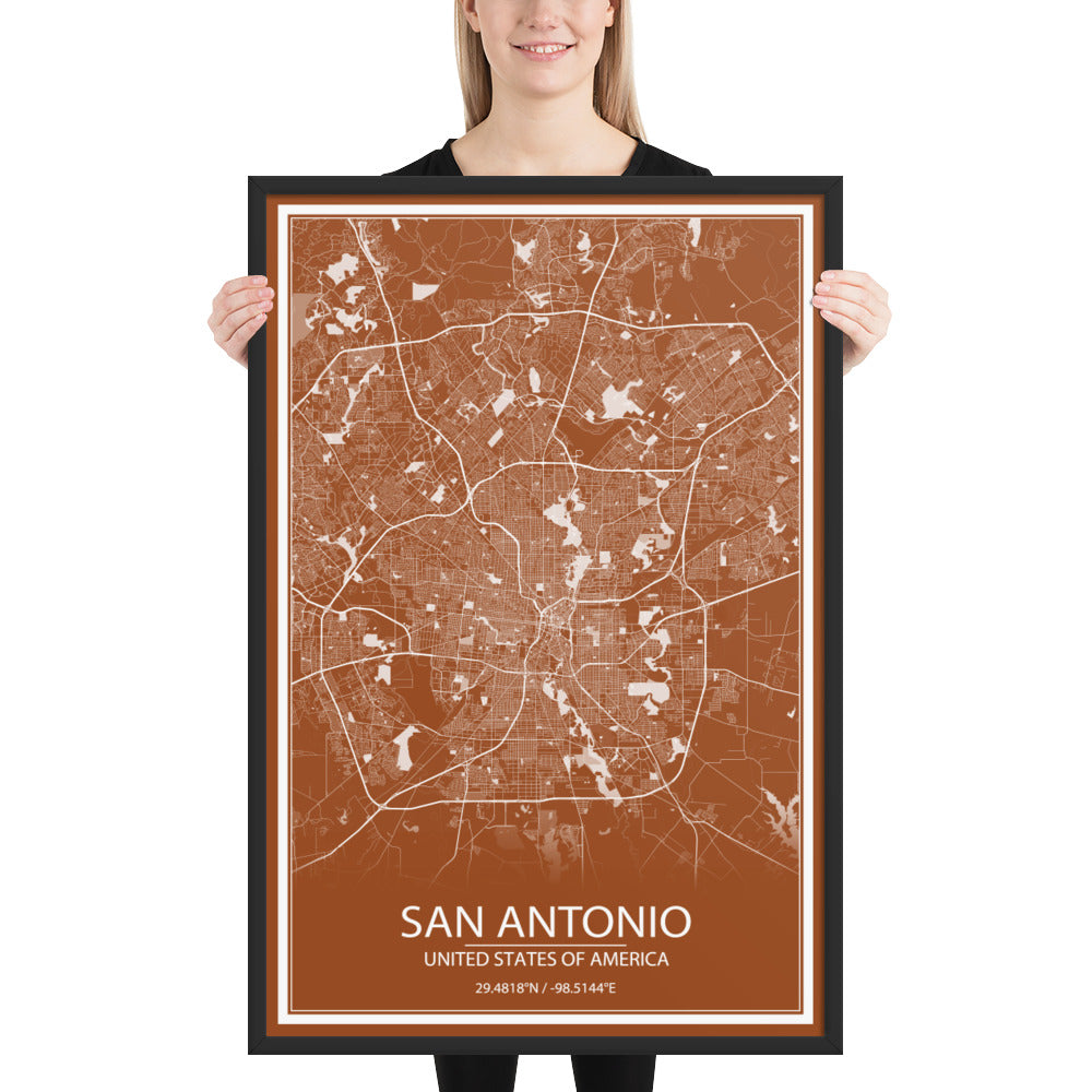 San Antonio Brown and White Framed Map