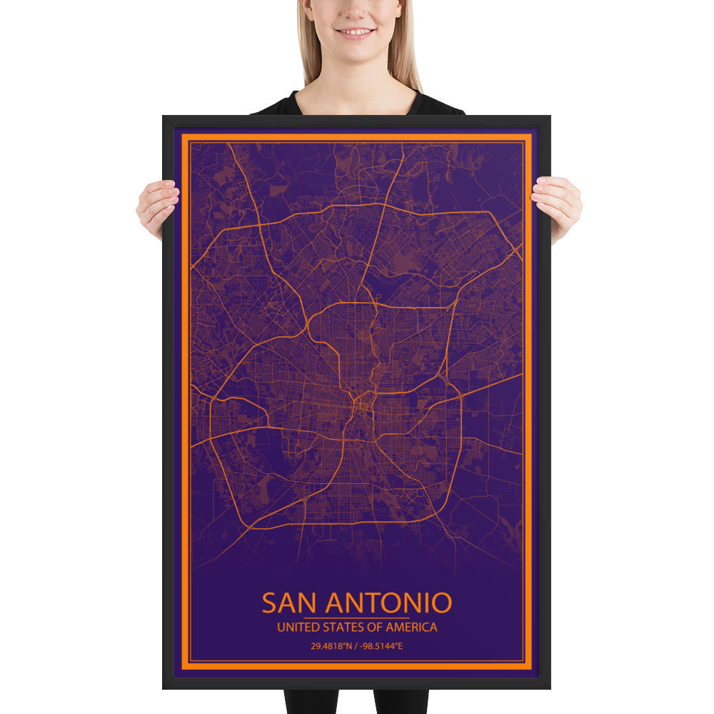 San Antonio Purple and Orange Framed Map