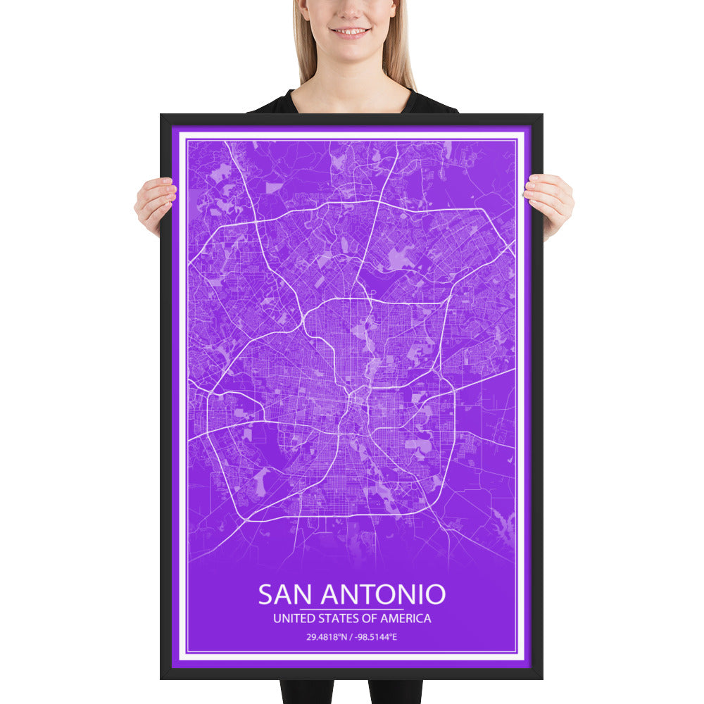 San Antonio Purple and White Framed Map