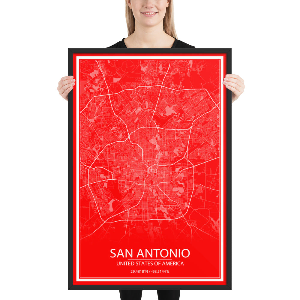 San Antonio Red and White Framed Map