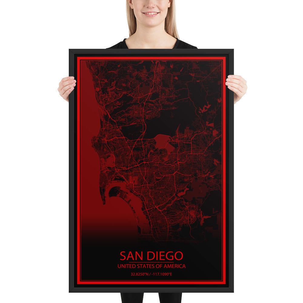 San Diego Black and Red Framed Map