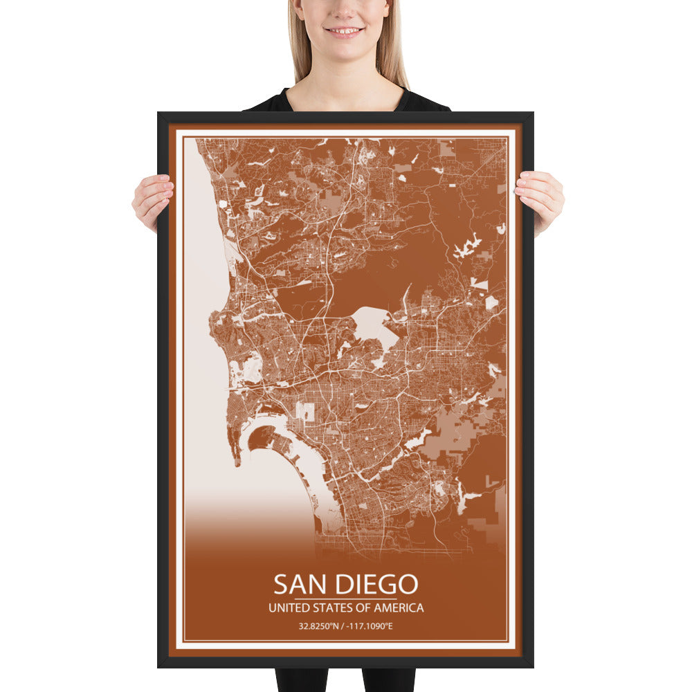 San Diego Brown and White Framed Map