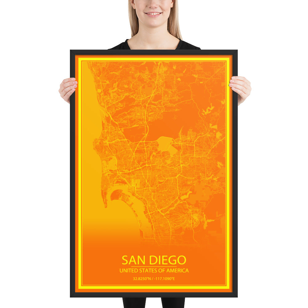 San Diego Orange and Yellow Framed Map