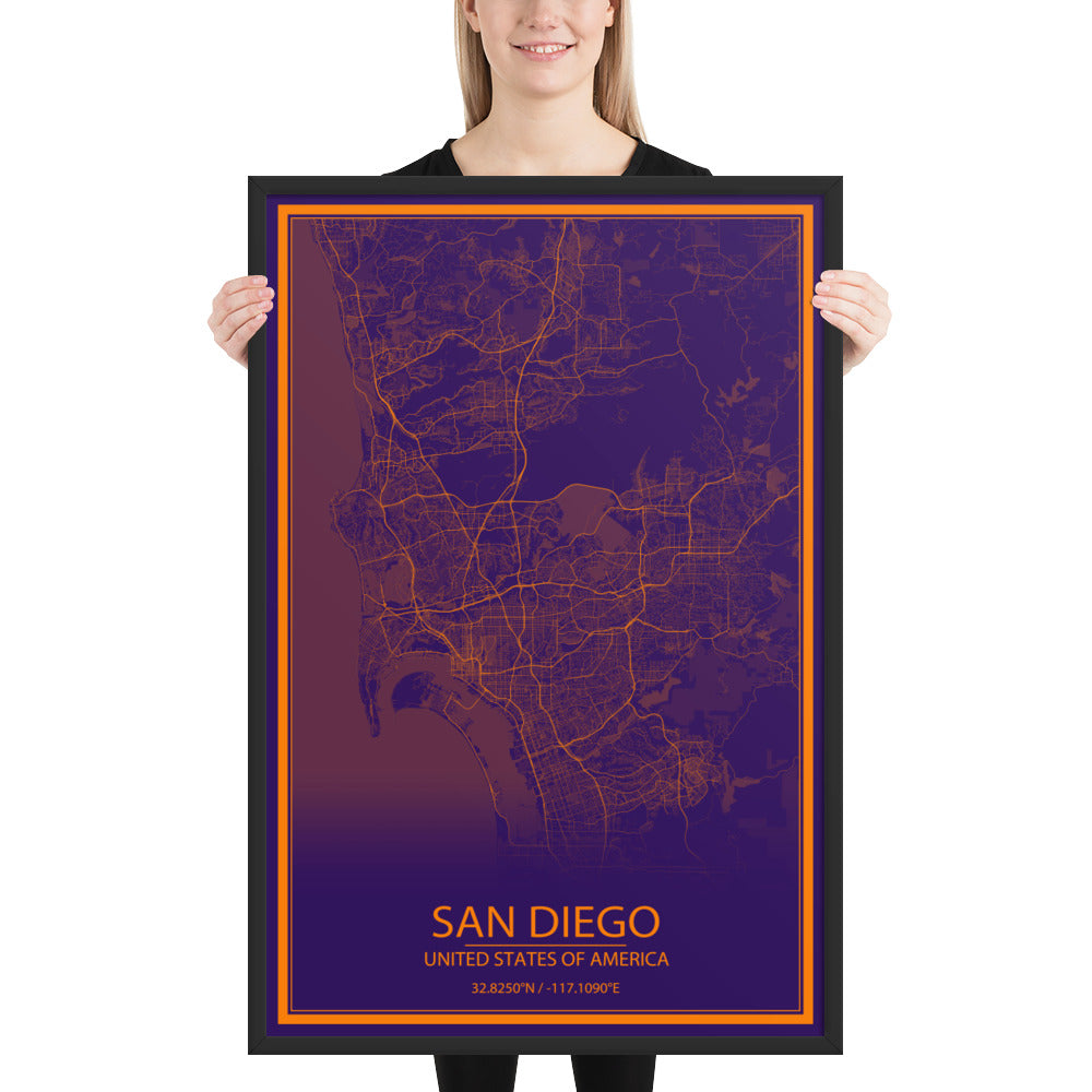 San Diego Purple and Orange Framed Map