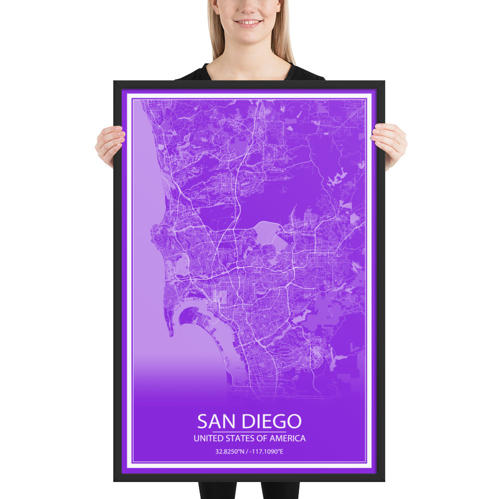 San Diego Purple and White Framed Map