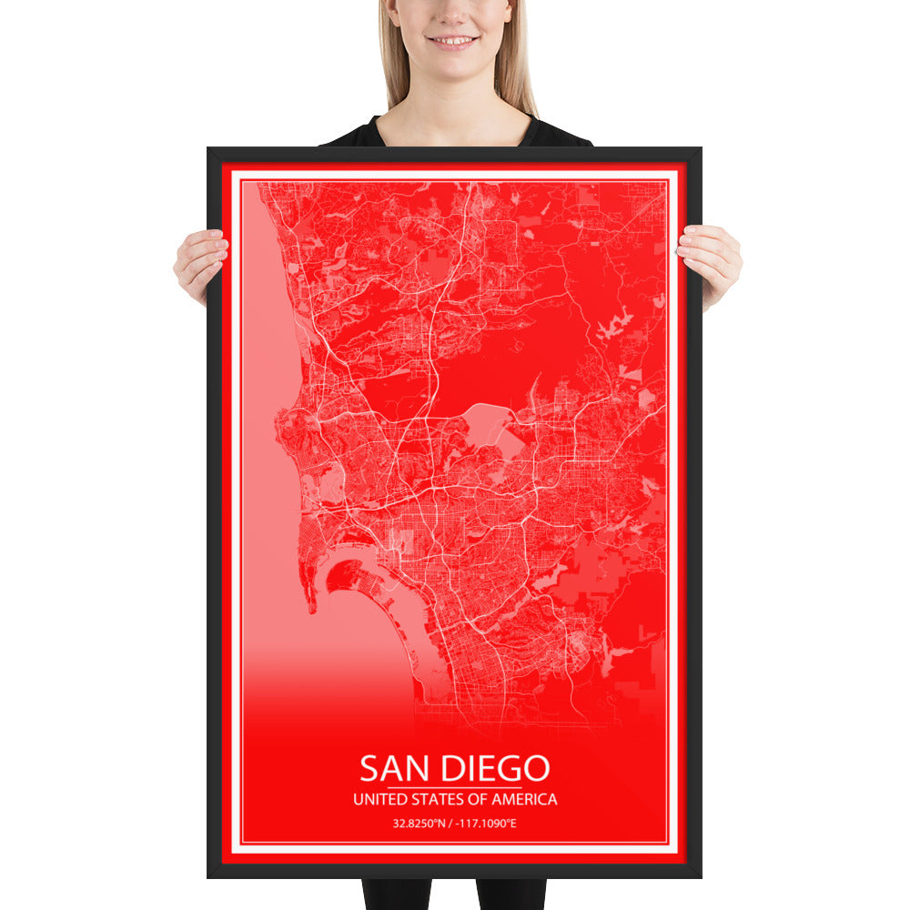 San Diego Red and White Framed Map