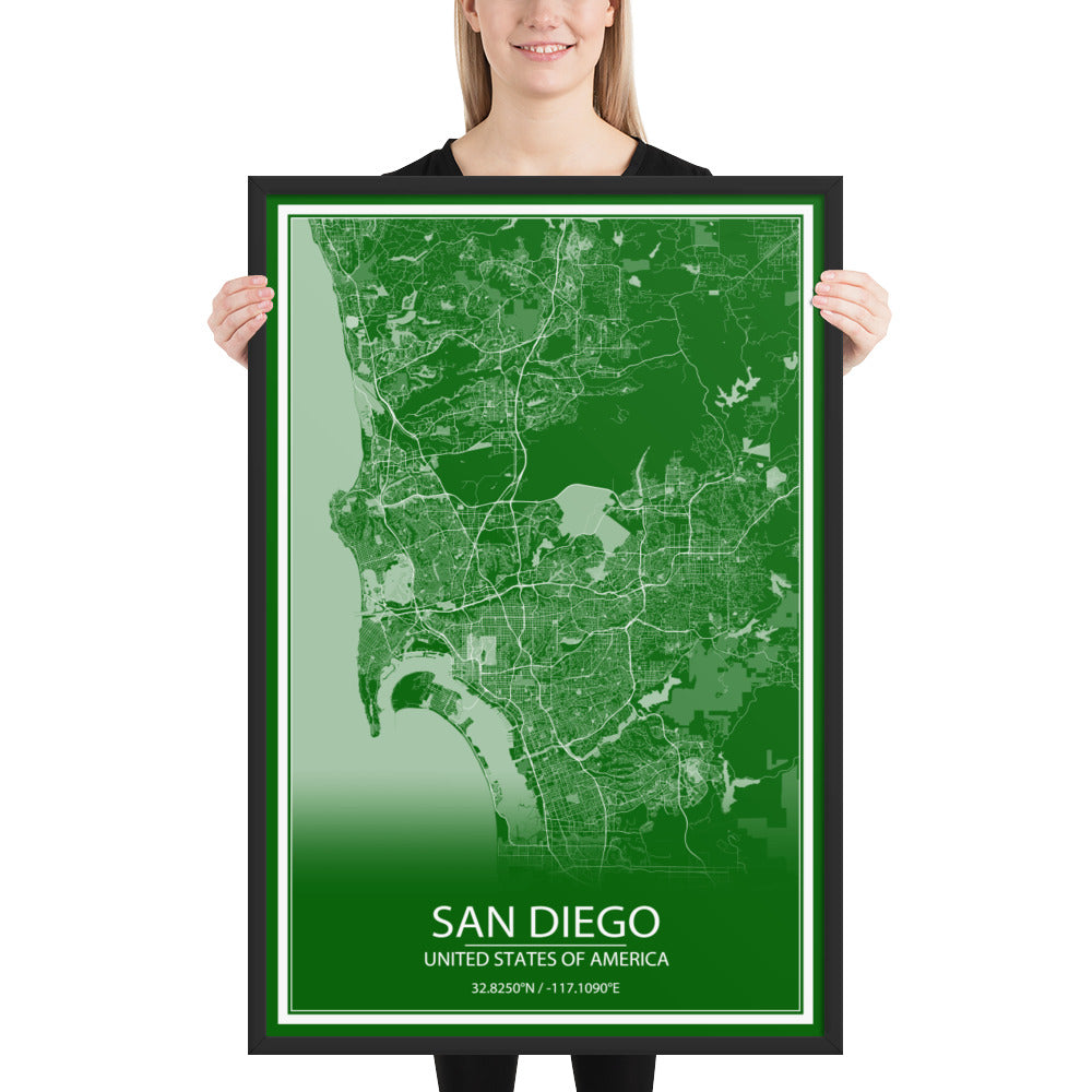 San Diego Green and White Framed Map